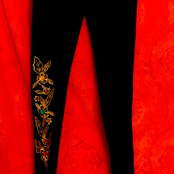 Leggings-Black Colour--Red+Green+Yellow & Golden Embroidery NEW - Picture 1 of 12